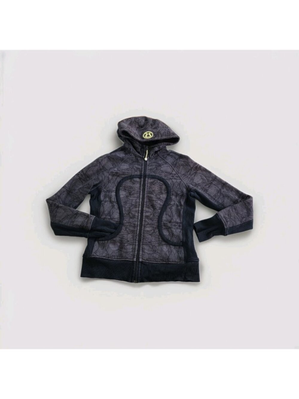 Lululemon Scuba Hoodie Womens 12 Black Gray Zip Abstract Fleece Inside Logo Yoga - Picture 10 of 16